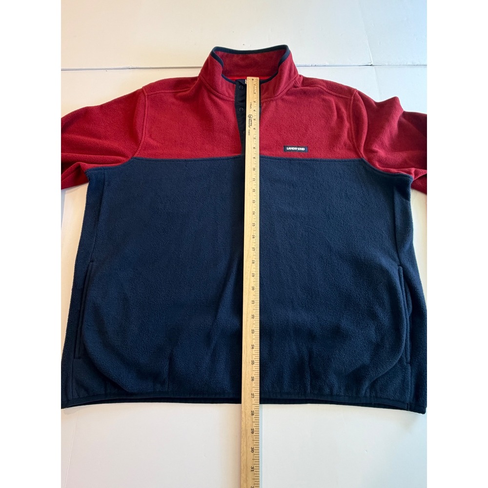 Lands End Mens Fleece Pullover Red Navy Blue Snap Mock Neck Colorblock XL